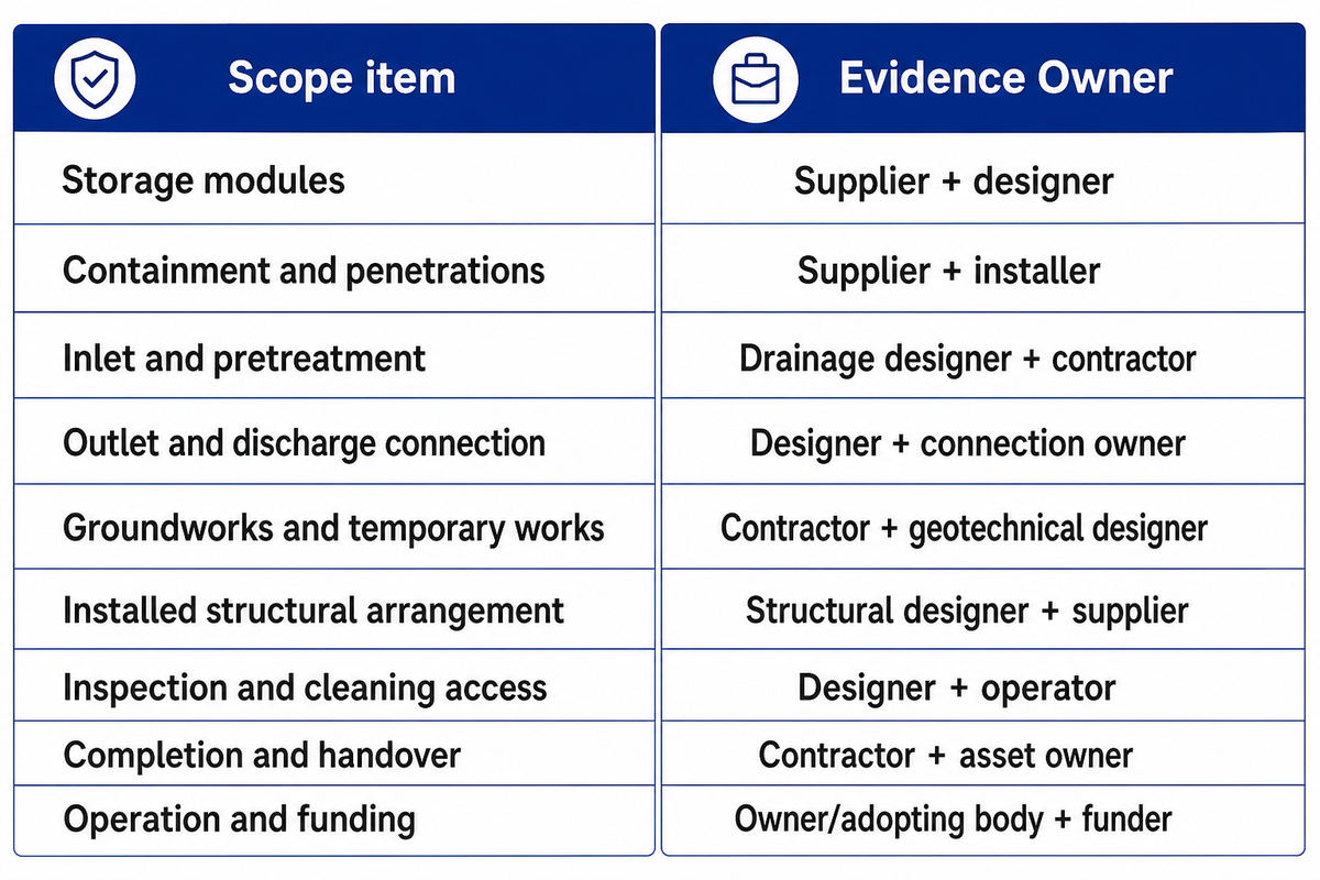 Nine quote-scope interfaces link storage, containment, inlet, outlet, groundworks, structure, access, handover and operation to their evidence owners.